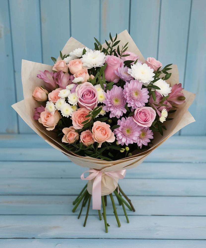 Букет цветов из: Хризантемы, Розы и Альстромерии в Гурзуфе Республика Крым