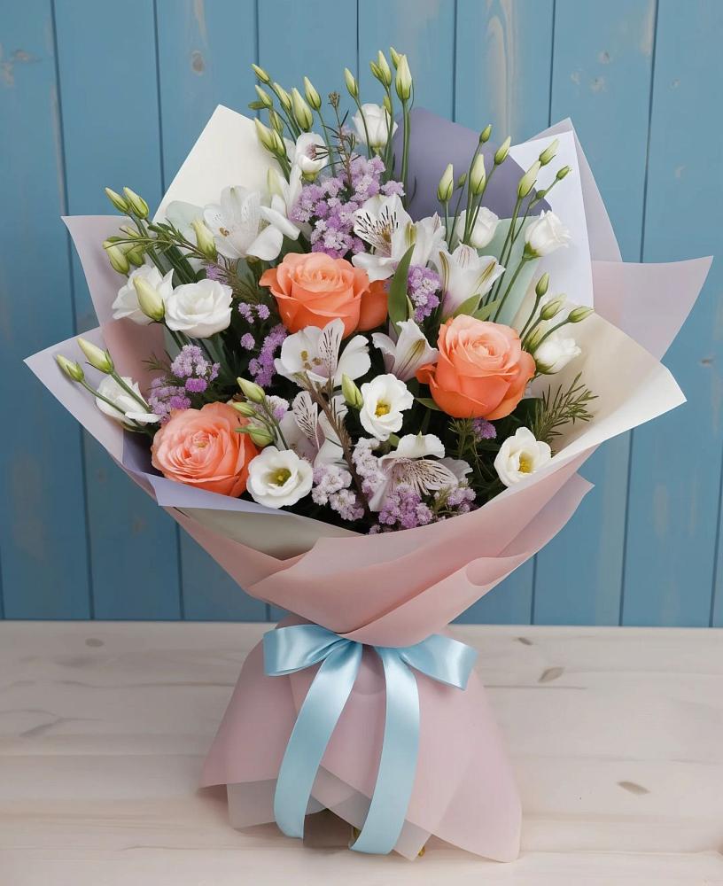 Букет цветов из: Лизиантусы, Розы, Альстромерии и Гипсофила в Гурзуфе Республика Крым